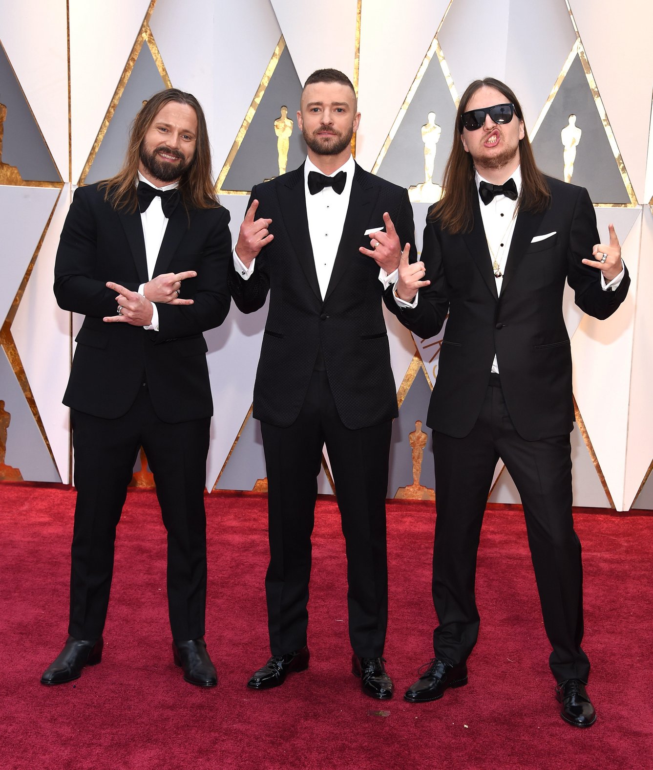 Der Produzent und Songwriter Max Martin, Justin Timberlake und Karl Johan Schuster auf dem Roten Teppich zum 89th Academy Award. 