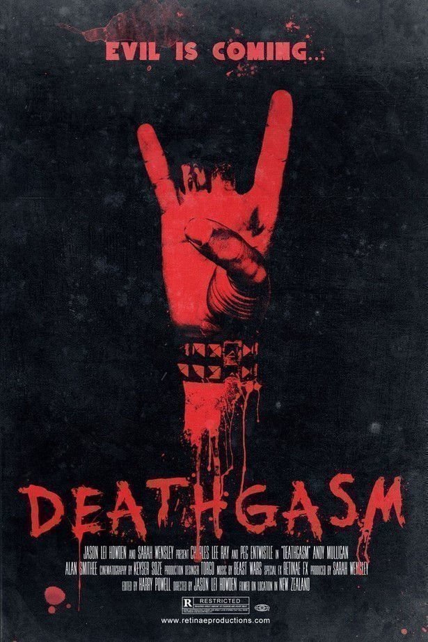 A poster for the movie Deathgasm with a hand in red showing the heavy metal sign. Above it is written "Evil is coming..."