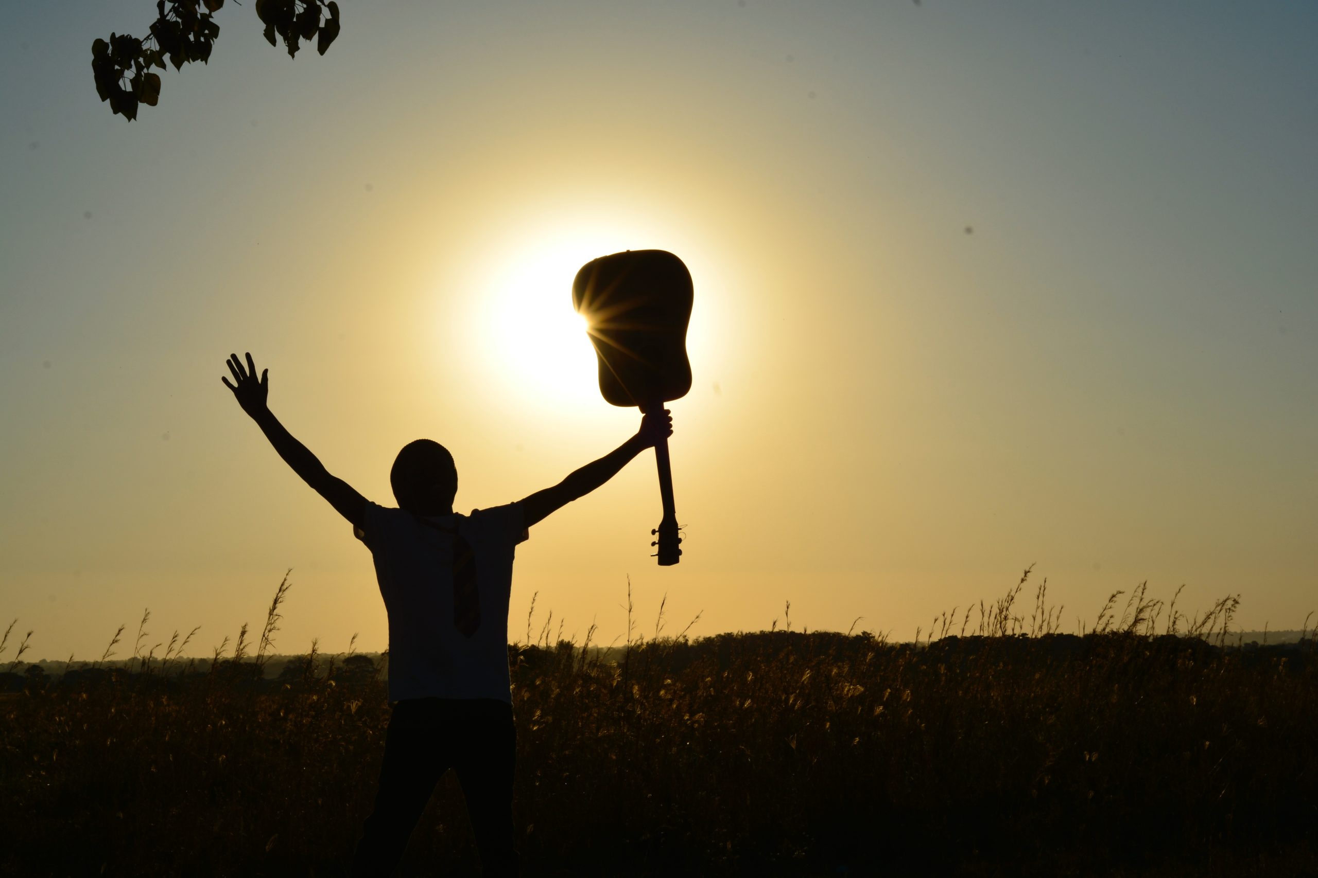 auf Einem Feld sieht man die Silhouette einer Person, die eine Gitarre hochhält